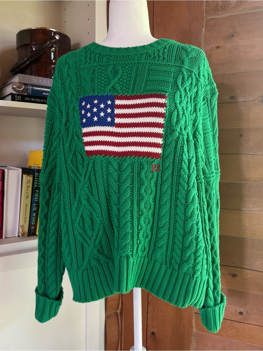 Ralph Lauren Green Cable-Knit American Flag Sweater